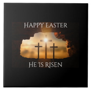 Happy Easter He is Risen Three Crosses Holiday Ceramic Tile