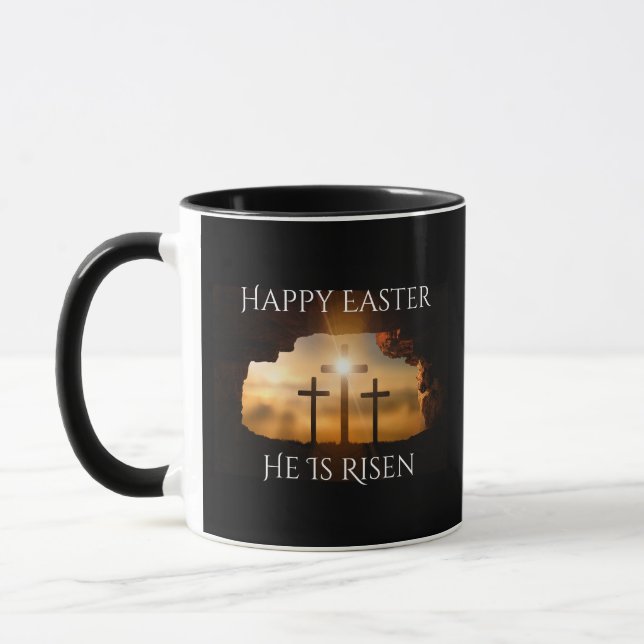 Happy Easter He is Risen Three Crosses Holiday Mug (Left)
