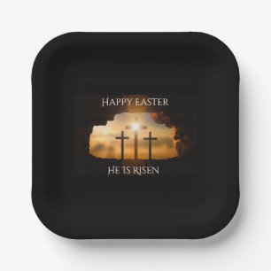 Happy Easter He is Risen Three Crosses Holiday Paper Plate