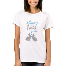 Happy Easter Hearts Bunnies Rabbits Blue Grey