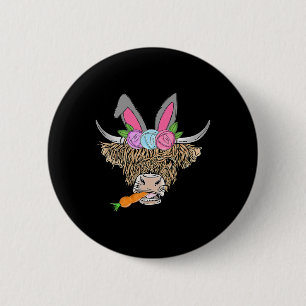 Happy Easter Heifer Highland Cow With Bunny Ears C 6 Cm Round Badge
