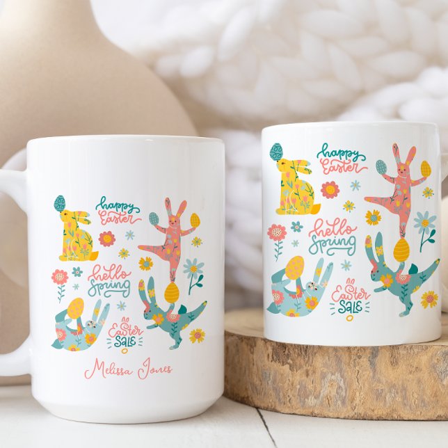 Happy Easter Hello Spring Playfull Bunny Coffee Mug (Creator Uploaded)