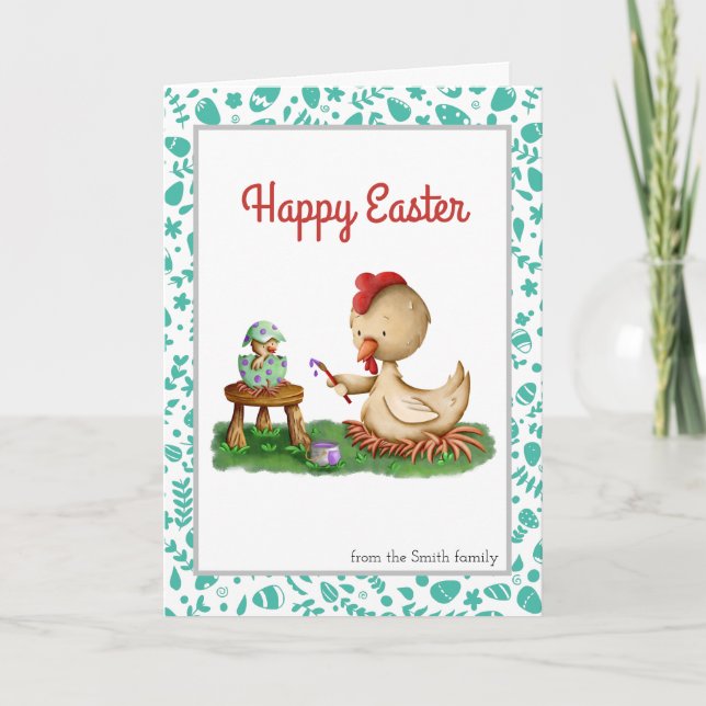 Happy Easter Hen painting eggs personalised Easter Card (Front)