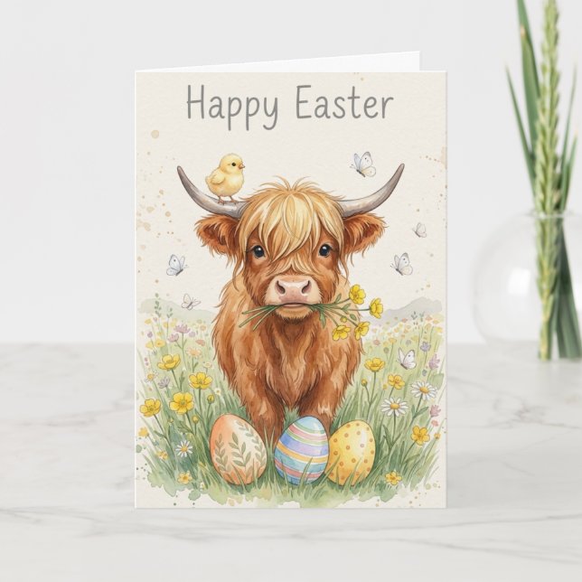 Happy Easter Highland Cow Chick & Eggs Card (Front)