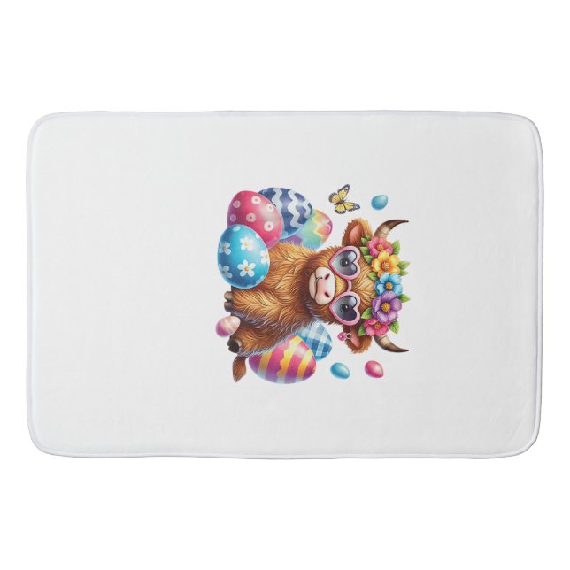 Happy Easter Highland Cow Heifer Easter Day Farmer Bath Mat (Front)