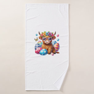 Happy Easter Highland Cow Heifer Easter Day Farmer Bath Towel