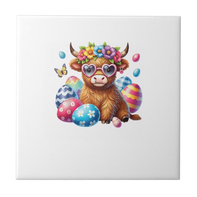 Happy Easter Highland Cow Heifer Easter Day Farmer Ceramic Tile (Front)