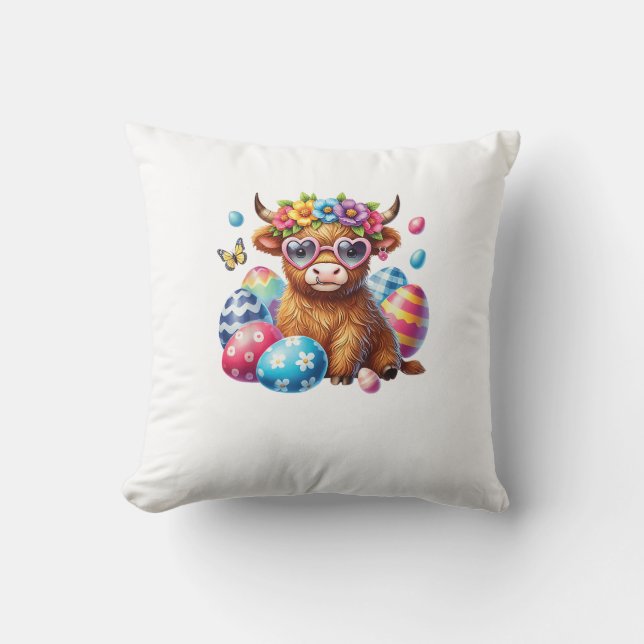 Happy Easter Highland Cow Heifer Easter Day Farmer Cushion (Front)