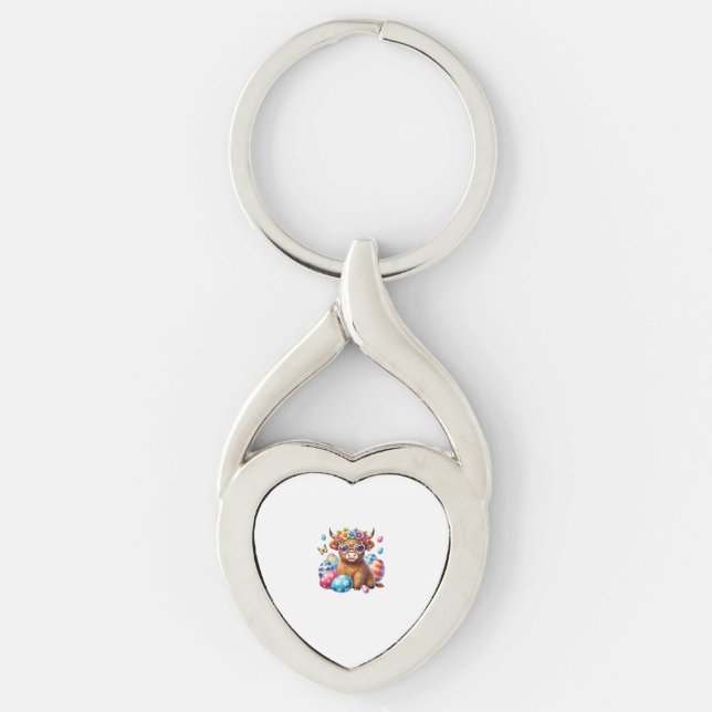 Happy Easter Highland Cow Heifer Easter Day Farmer Key Ring (Front)