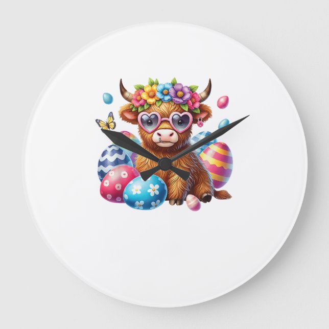 Happy Easter Highland Cow Heifer Easter Day Farmer Large Clock (Front)