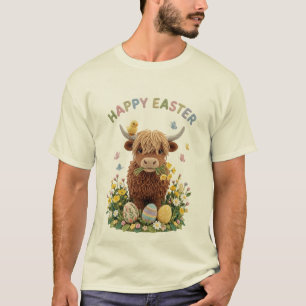 Happy Easter Highland Cow with Eggs and Flowers T-Shirt