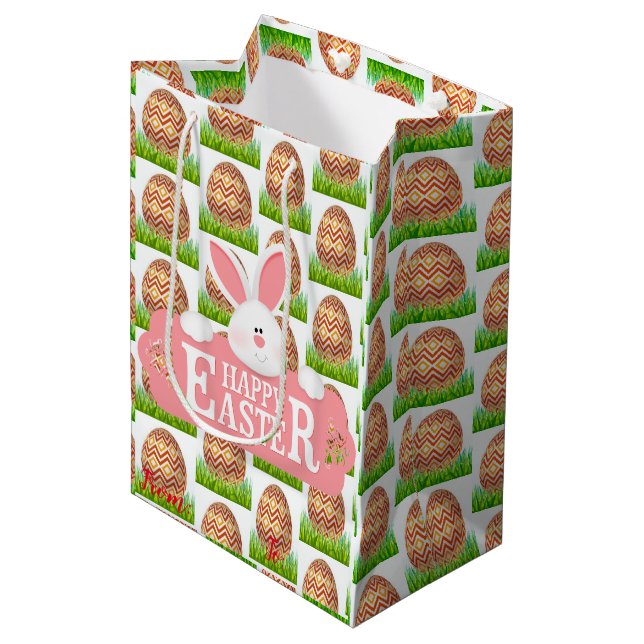 Happy Easter Holiday Bunny Floral Medium Gift Bag (Front Angled)