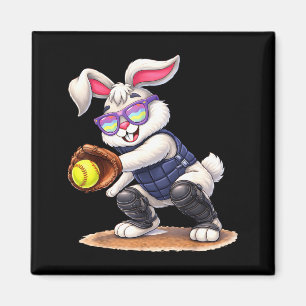 Happy easter holiday bunny playing softball magnet
