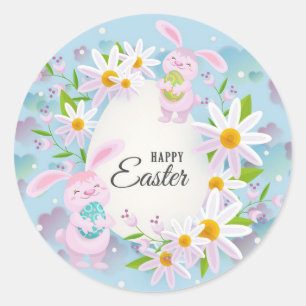 Happy Easter Holiday Trendy Bunny Floral Classic Round Sticker