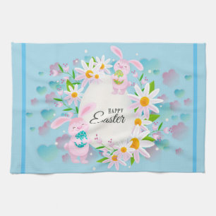 Happy Easter Holiday Trendy Bunny Floral Tea Towel