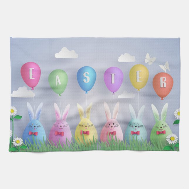 Happy Easter Holiday Trendy Bunny Floral Tea Towel (Horizontal)