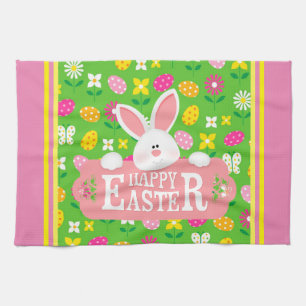 Happy Easter Holiday Trendy Bunny Floral Tea Towel