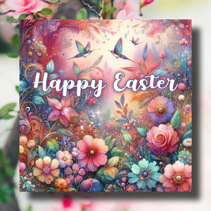 Happy Easter Hummingbirds Colourful Flowers Easter Holiday Card