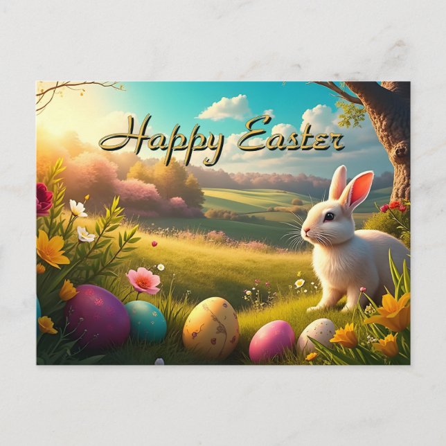 Happy Easter in a Spring Landscape Holiday Postcard (Front)