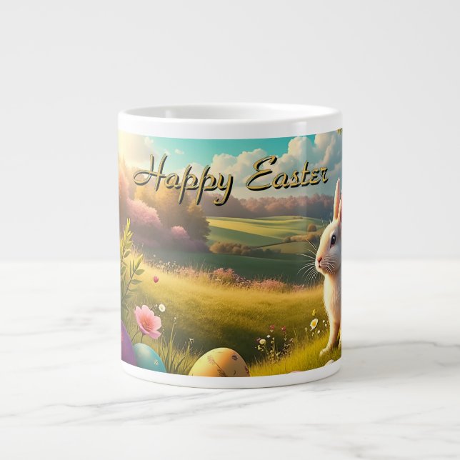 Happy Easter in a Spring Landscape Large Coffee Mug (Front)