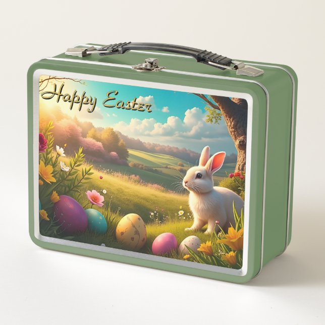 Happy Easter in a Spring Landscape Metal Lunch Box (Front)