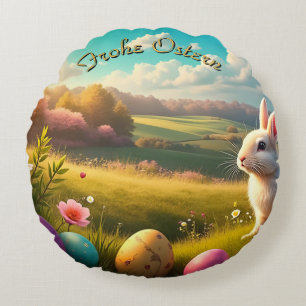 Happy Easter in a Spring Landscape Round Cushion