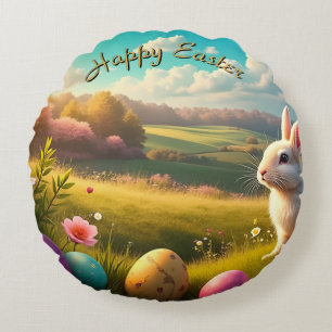Happy Easter in a Spring Landscape Round Cushion