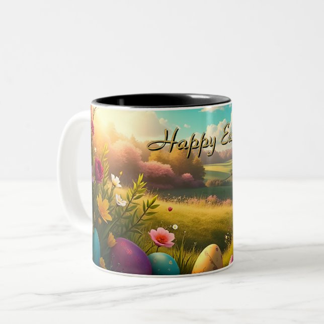 Happy Easter in a Spring Landscape Two-Tone Coffee Mug (Front Left)