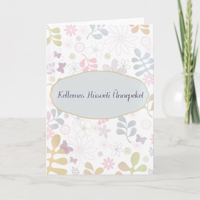 Happy Easter in Hungarian, teal, pink florals Holiday Card (Front)