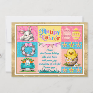 Happy Easter Joy with Bunny, Chick, Eggs & Flowers Holiday Card