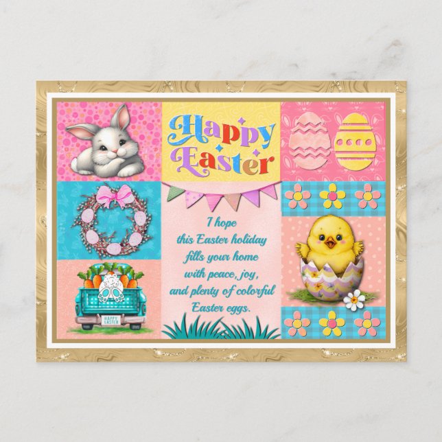 Happy Easter Joy with Bunny, Chick, Eggs & Flowers Postcard (Front)
