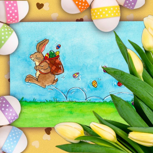 Happy Easter Jumping Bunny with Eggs Holiday Postcard (Creator Uploaded)