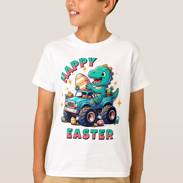 Happy Easter Kawaii Baby Dinosaur Monster Truck  T-Shirt (Front)