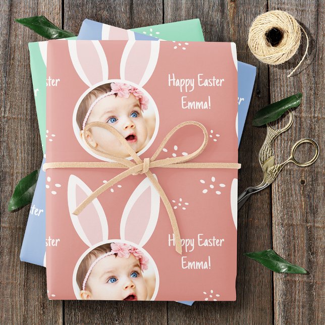Happy Easter Kid Photo with Bunny Ears Pastel Wrapping Paper Sheet (Creator Uploaded)