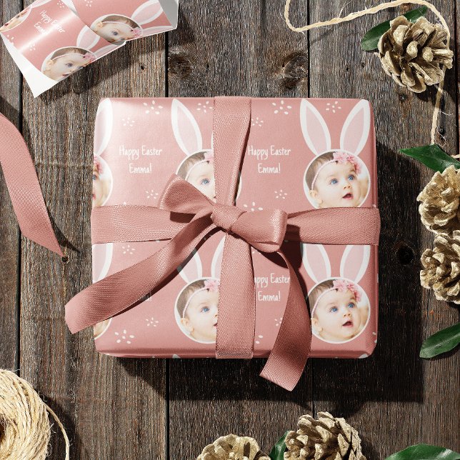 Happy Easter Kid Photo with Bunny Ears Rose Pink Wrapping Paper (Creator Uploaded)