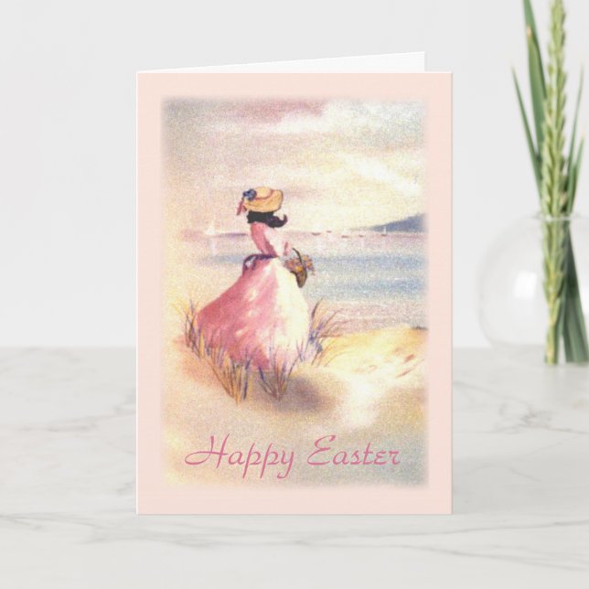 Happy Easter Lady by Shore with Basket Painting Holiday Card (Front)