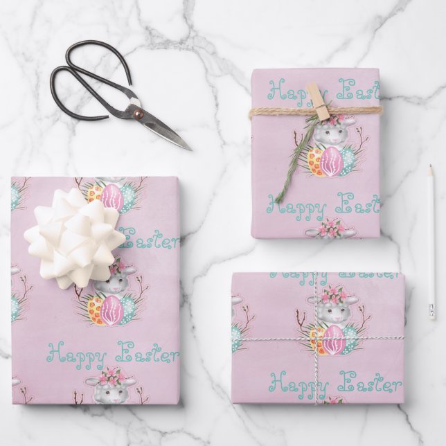 Happy Easter Lamb and Eggs On Pink Wrapping Paper Sheet (Front)