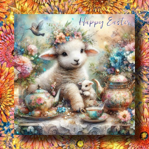 Happy Easter Lamb Watercolor Pastel Tea Garden Holiday Card