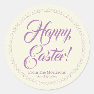 Happy Easter lavender cream hearts custom script Classic Round Sticker