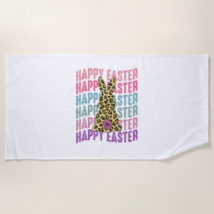 Happy Easter Leopard Bunny Groovy Cute Rabbit Beach Towel