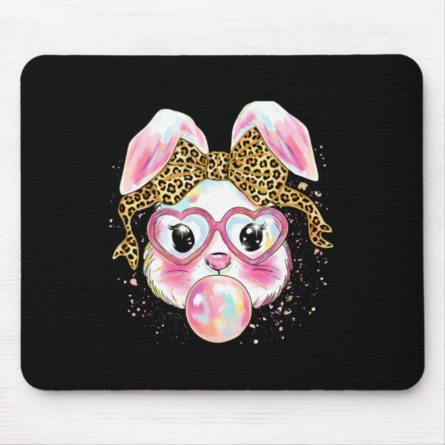 Happy Easter Leopard Coquette Bow Bunny Blowing Bu Mouse Pad (Front)