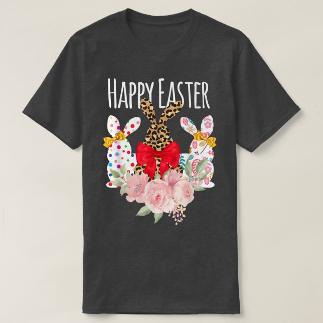 Happy Easter Leopard Easter Day Bunny Rabbit Trio  T-Shirt (Design Front)