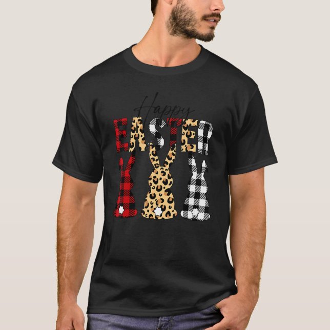 Happy Easter Leopard Plaid Cute Bunny Matching Egg T-Shirt (Front)
