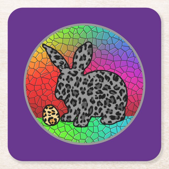 Happy Easter Leopard Print Bunny Rabbit and Egg  T Square Paper Coaster (Front)