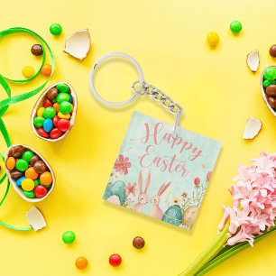 Happy Easter light green watercolor Key Ring