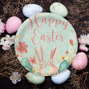 Happy Easter light green watercolor Paper Plate