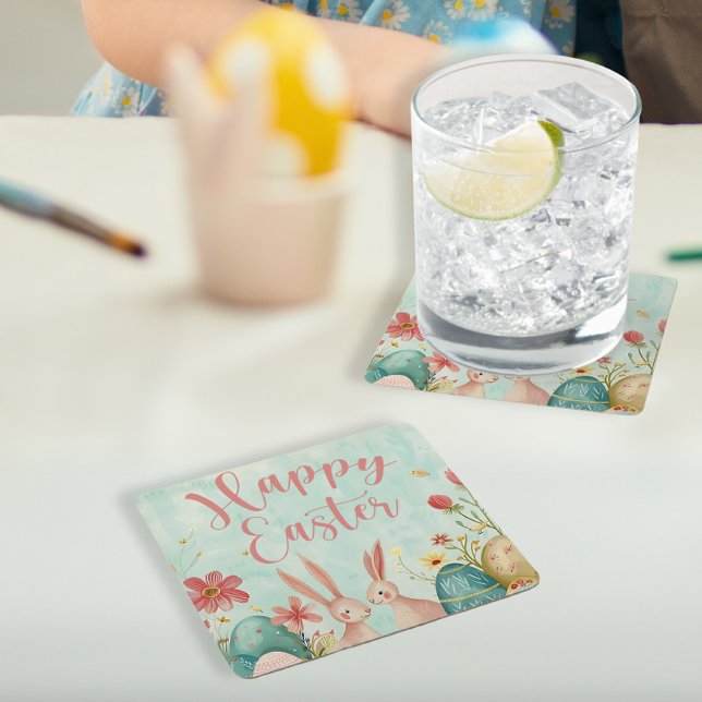 Happy Easter light green watercolor Square Paper Coaster (Happy Easter light green watercolor Square Paper Coaster)