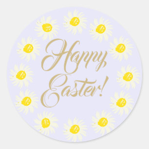 Happy Easter lilac script cute daisy floral frame Classic Round Sticker