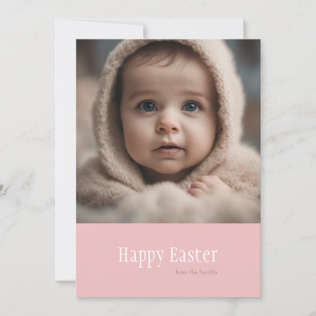  Happy Easter Minimalist Pink Photo Holiday Card (Front)