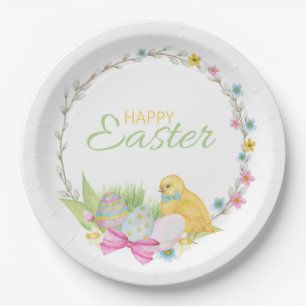 Happy Easter Modern Chick Eggs Floral Wreath Paper Plate